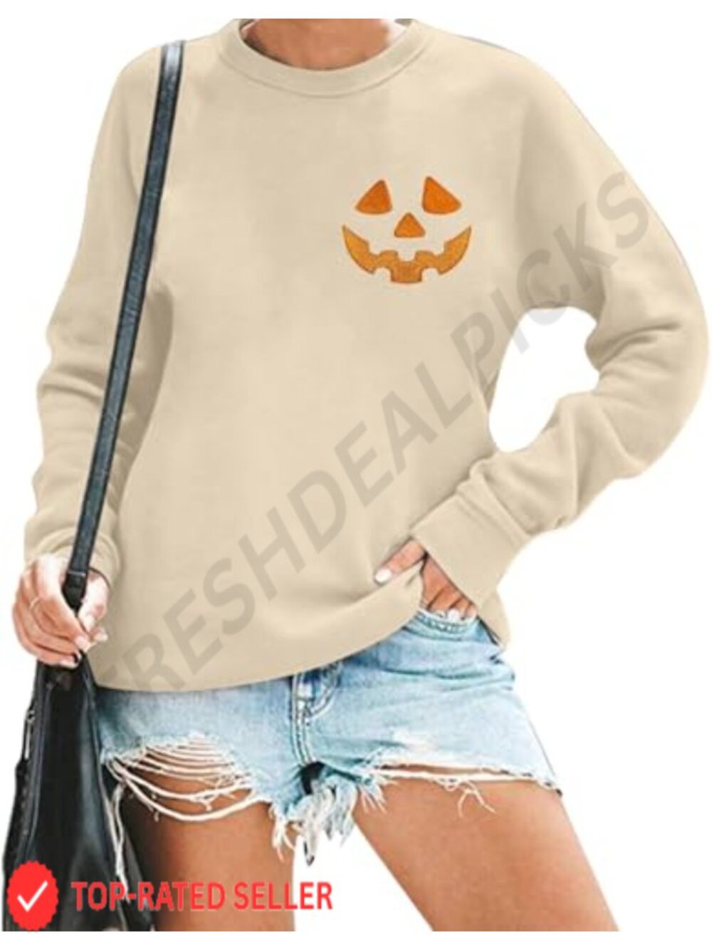 Halloween Pumpkin Face Embroidered Crewneck Sweatshirt Long Sleeve Pullover Top